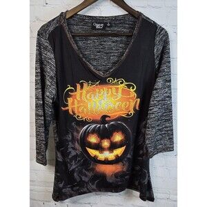 Ongue Women's Halloween Top Pumpkin Jack-o'-Lantern V Neck Festive Sz L NWT